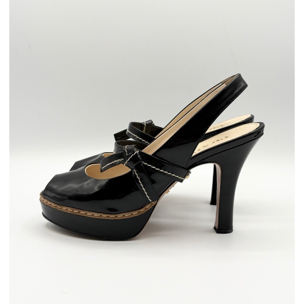 Prada S/S 2009 Black Patent Leather Heels Ribbon Detail Peep Toe Sz EU 34.5 - Picture 2 of 13